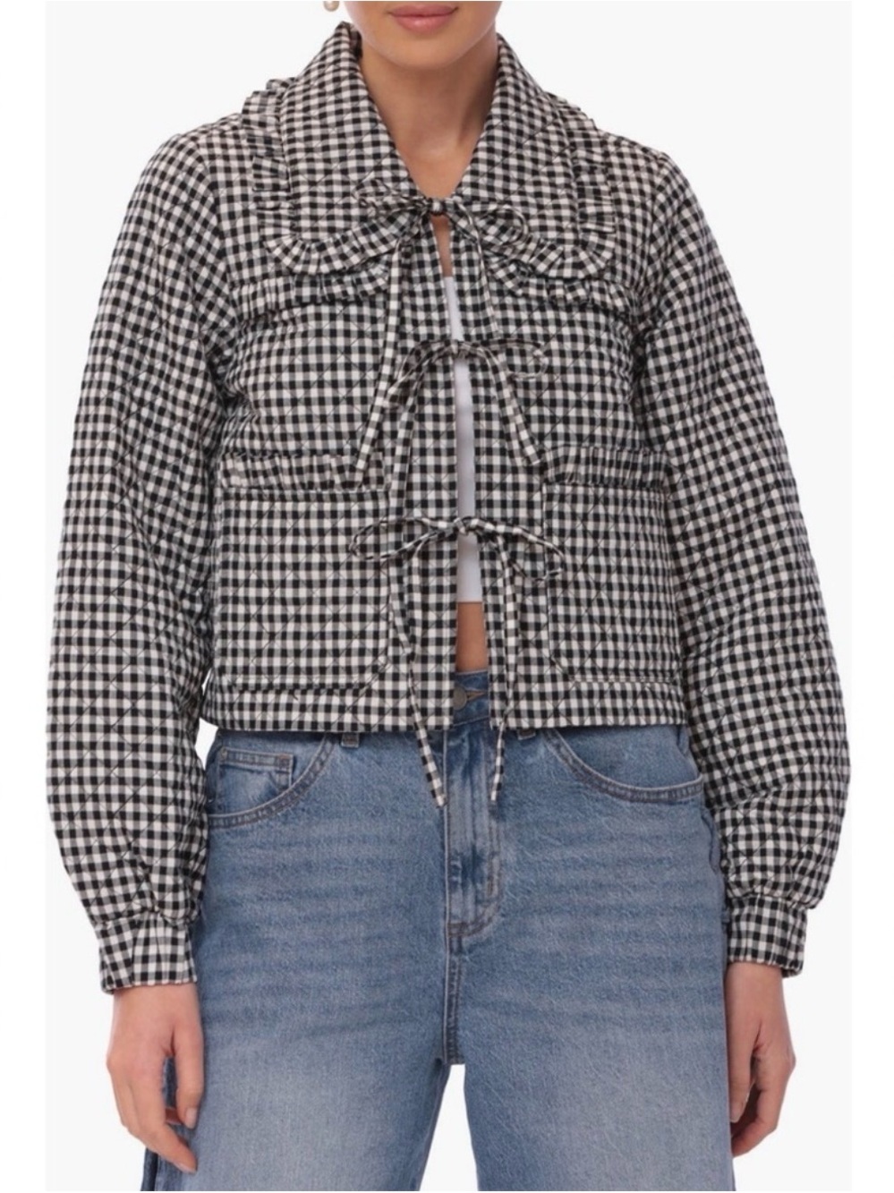 Avec Les Filles Gingham Quilted Tie Front Jacket M Black White Ruffle Bow Styled